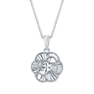 Diamond Cut Floral Pendant in White Gold
